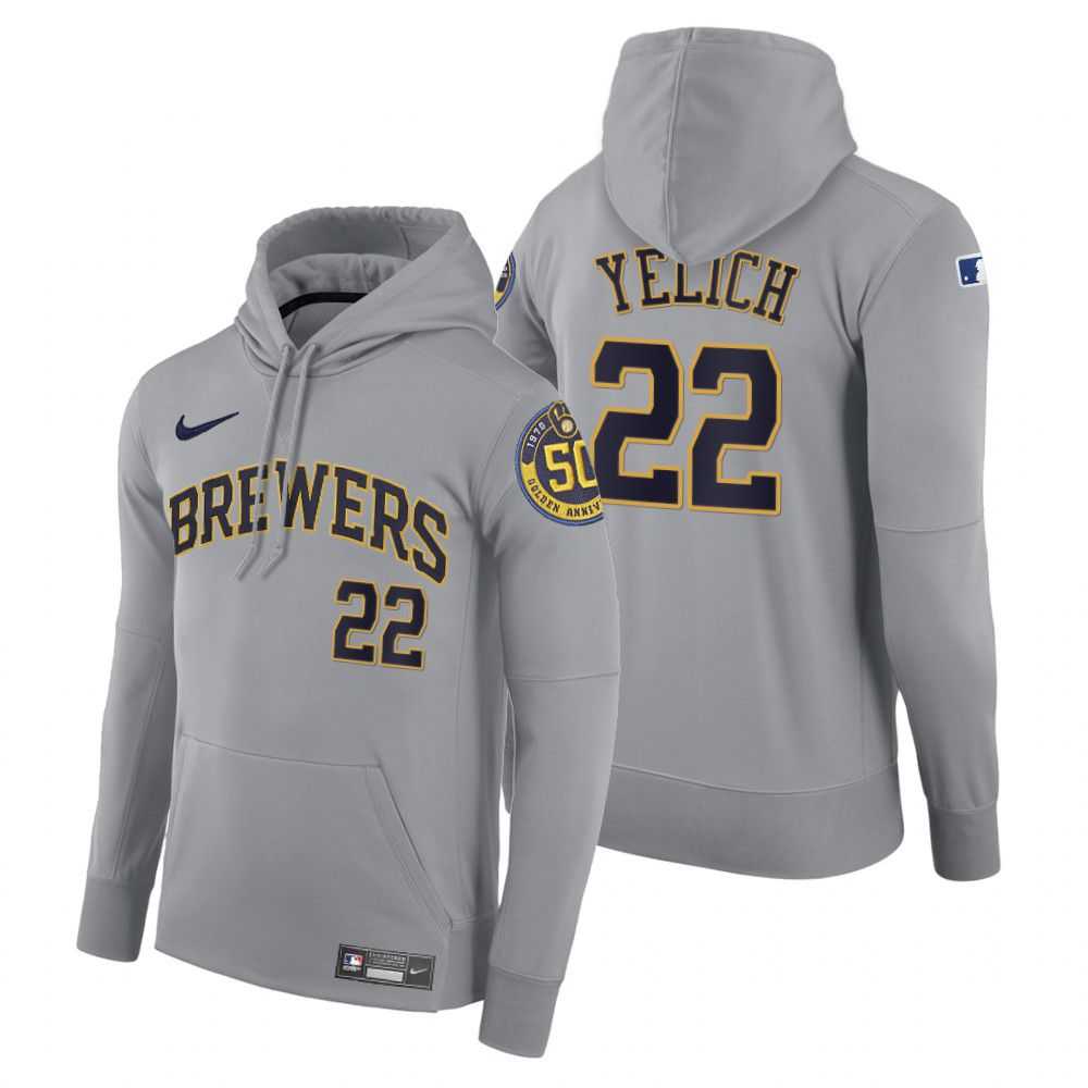 Men Milwaukee Brewers 22 Yelich gray road hoodie 2021 MLB Nike Jerseys
